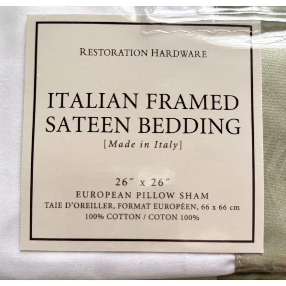 Restoration Hardware Banded Framed White Green Sateen Euro Sham 26